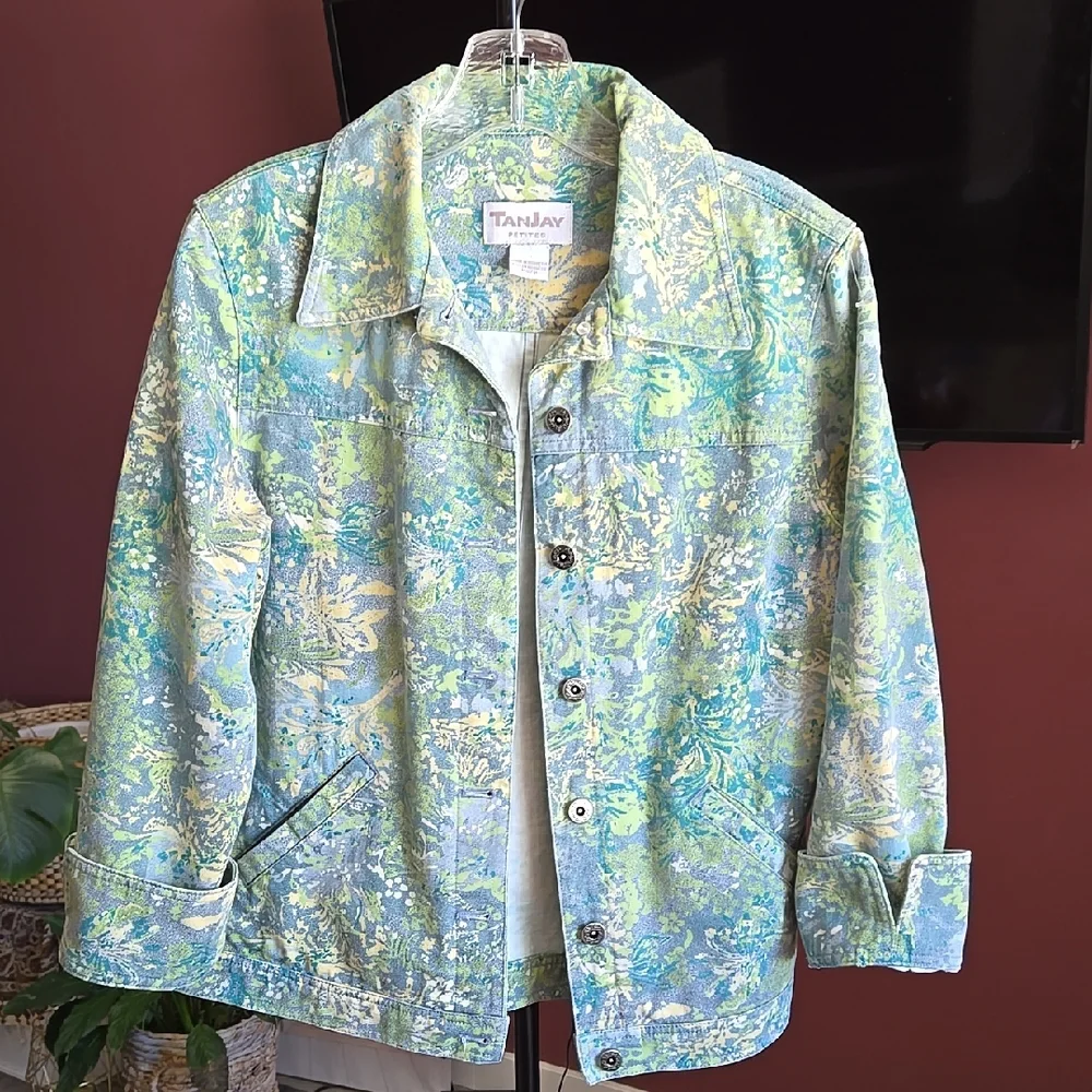 Tanjay Green and Blue Floral Tropical Graphic Print Denim Jacket - Picture 2 of 11